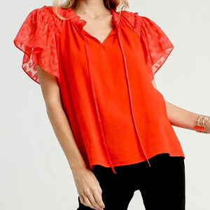 Umgee New Large Red Animal Print Ruffle Sleeve Blouse Breezy